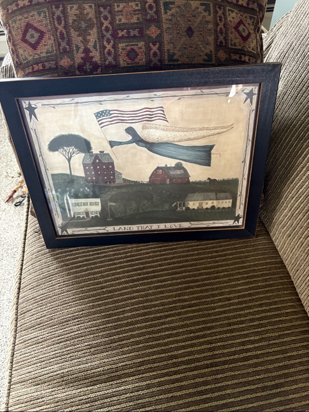 Folk Art 'Land That I Love' Framed Print in Navy Frame